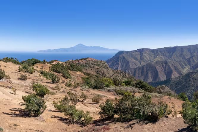La Gomera - Picturesque landscape in the northwest with view to Tenerife island in the Cumbre de Chijere above Vallehermoso