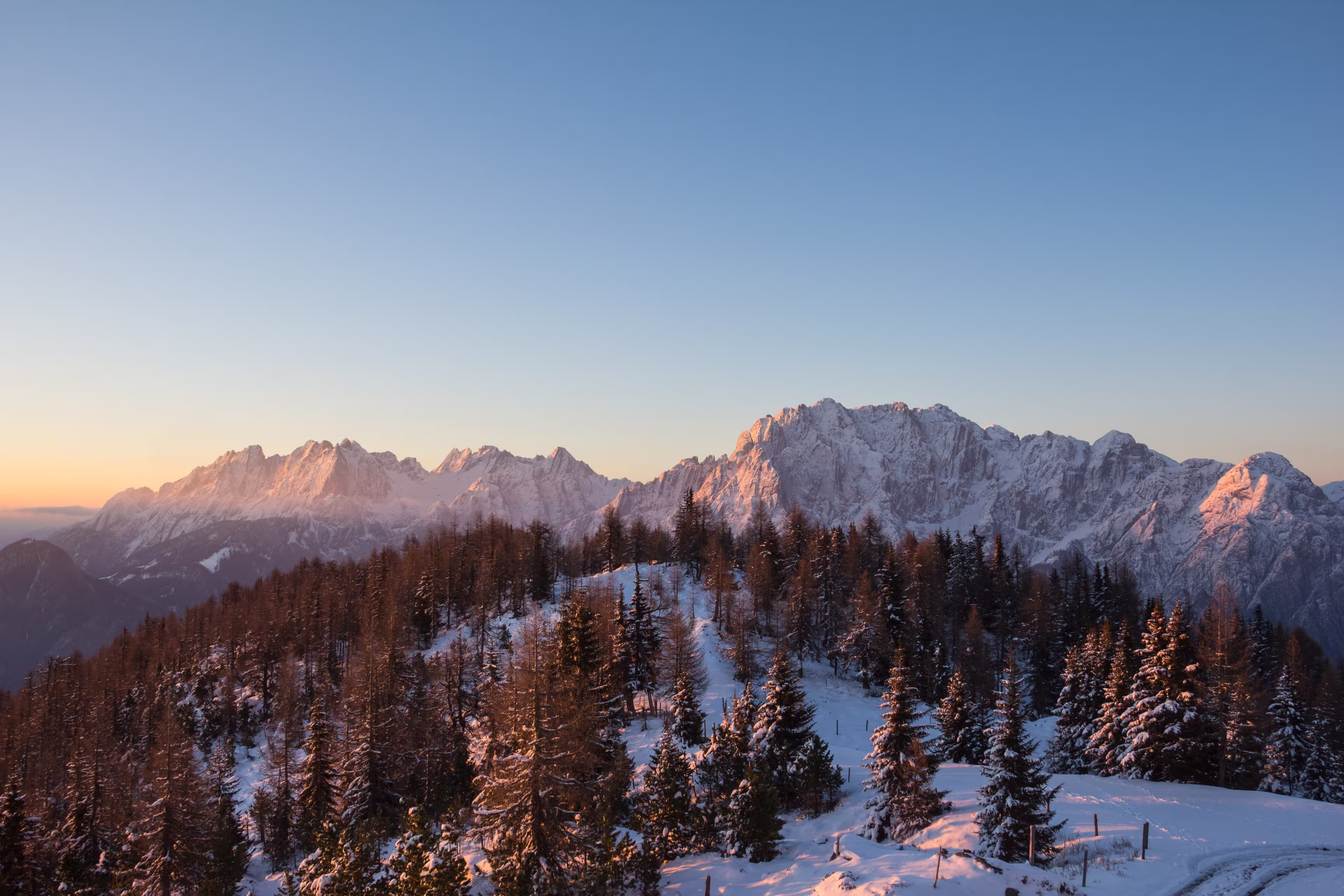 Mountain Sunrise View From Hochsteinhuette 2.023m With View To Lienz Dolomites In Winter
