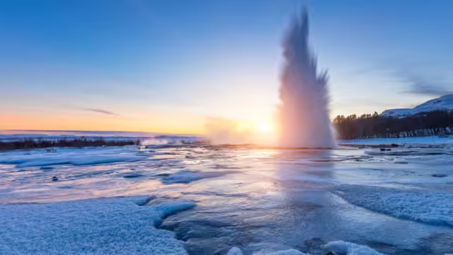 Famous Geysir in Iceland in beautiful sunset light. One of the most famous natural heritage on Iceland.
