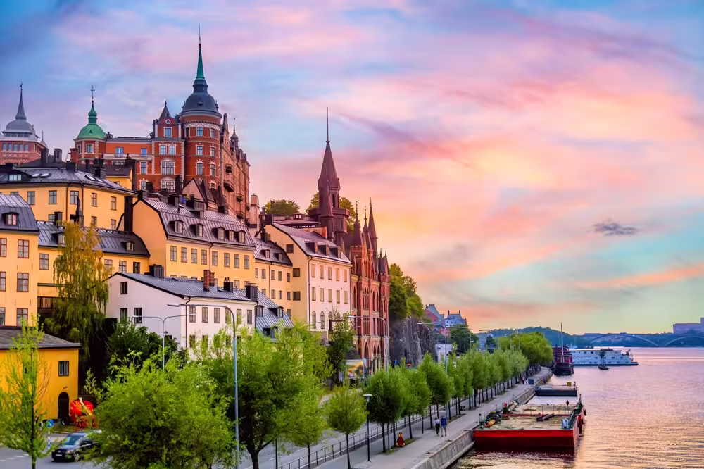 Stockholm, Sweden. Scenic summer sunset view with colorful sky of the Old Town architecture in Sodermalm district