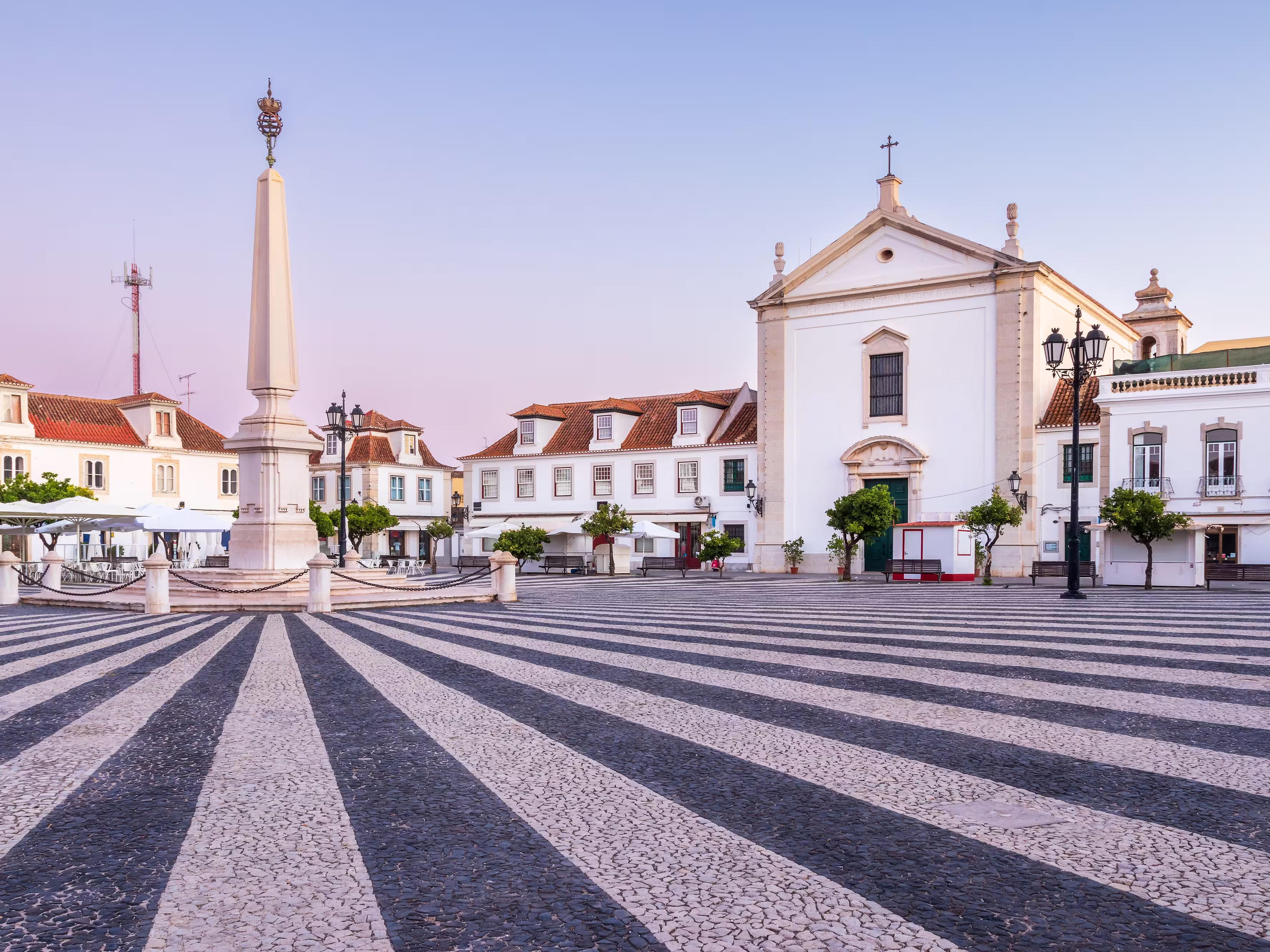 Beautiful sunrise view of Marquês de Pombal Square in Vila Real de Santo António, Algarve, Portugal.
