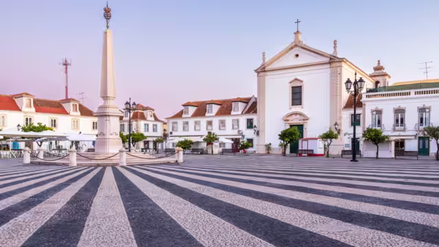 Beautiful sunrise view of Marquês de Pombal Square in Vila Real de Santo António, Algarve, Portugal.