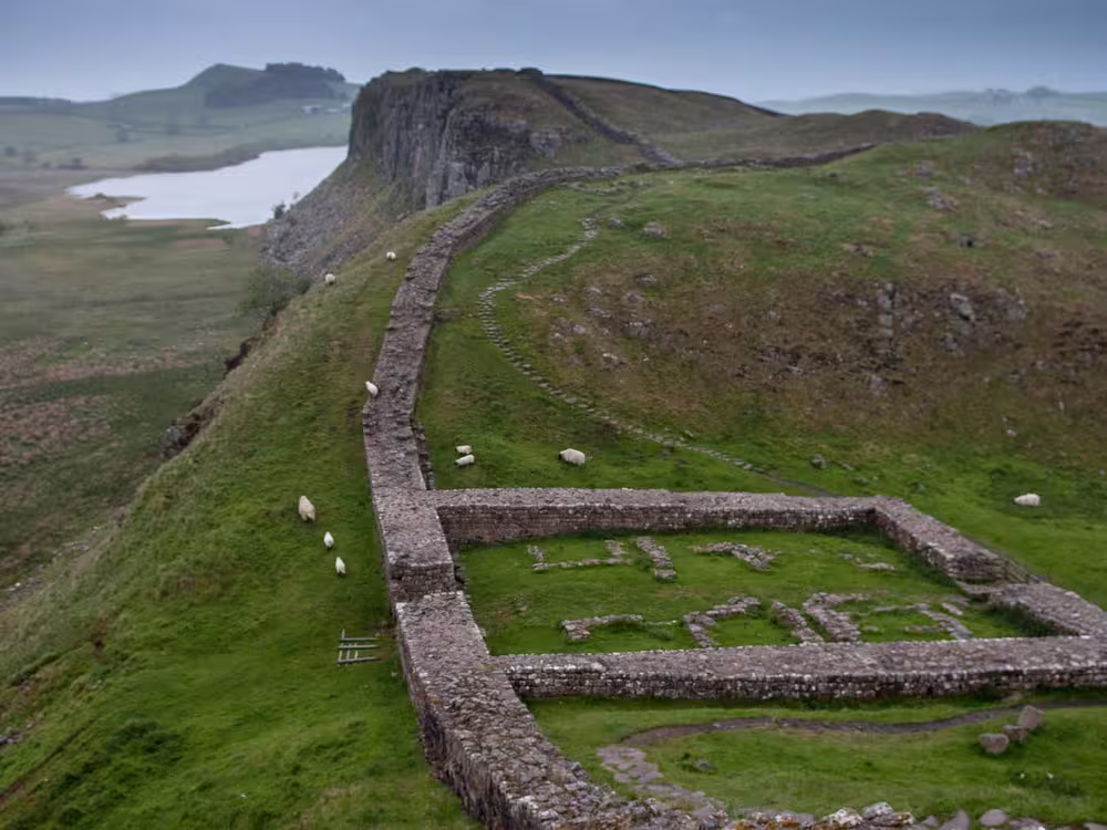 Sheep graze amongst the ruins of Milecastle 39, a Roman fortress on Hadrian's Wall, the fronteir of the Roman Empire on hills in Northumberland, England.
