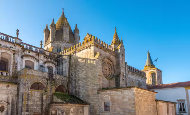 The imposing medieval cathedral of Evora, Alentejo, Portugal