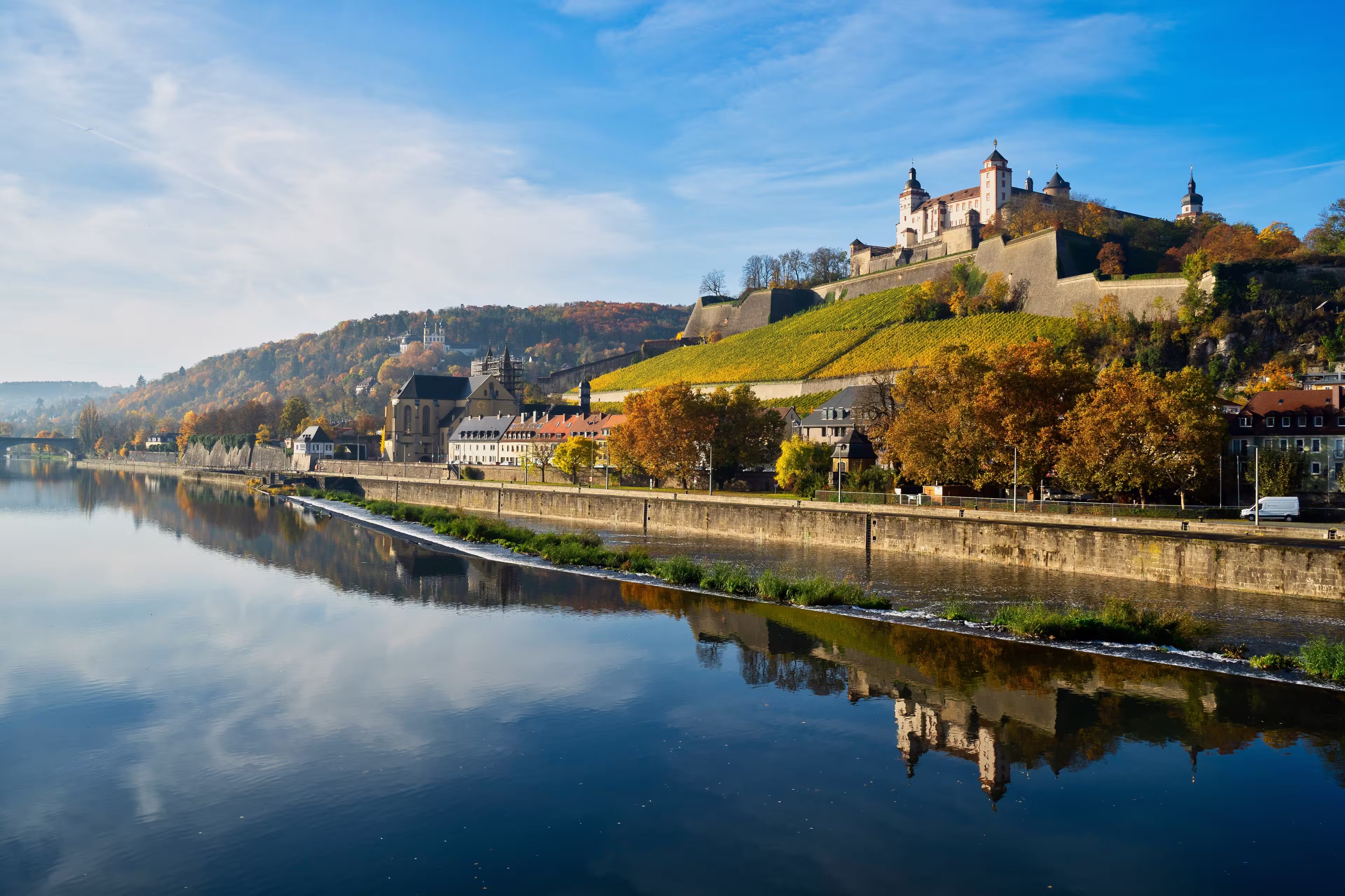 Marienburg Castle and Main river clear day Würzburg