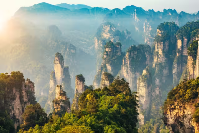 Towering pillars of sandstone topped with trees and dot the landscape of Zhangjiajie National Forest Park, Hunan