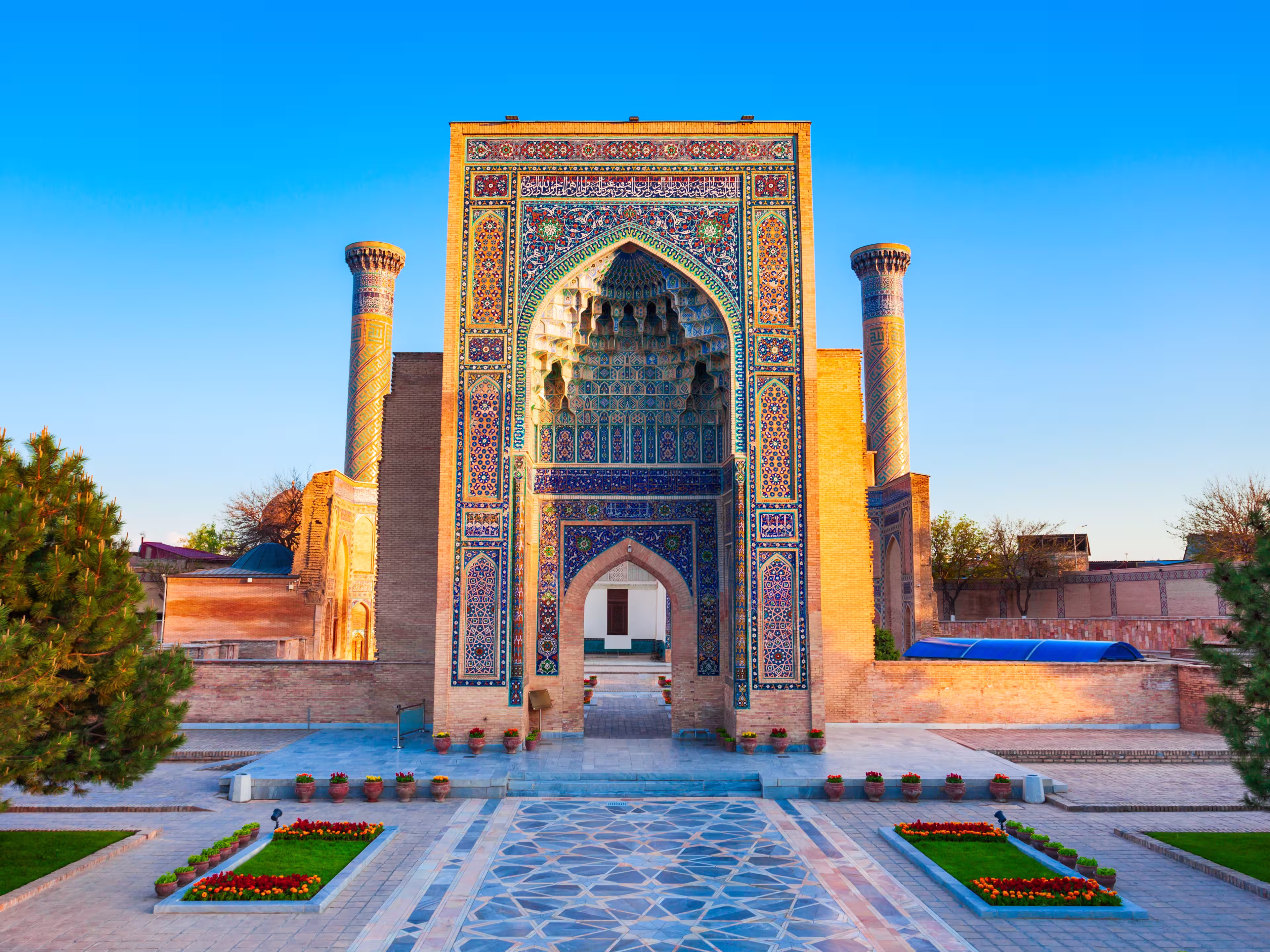 Guri Amir or Gur Emir is a mausoleum of the Mongol conqueror Amir Temur or Tamerlane in Samarkand, Uzbekistan at sunset