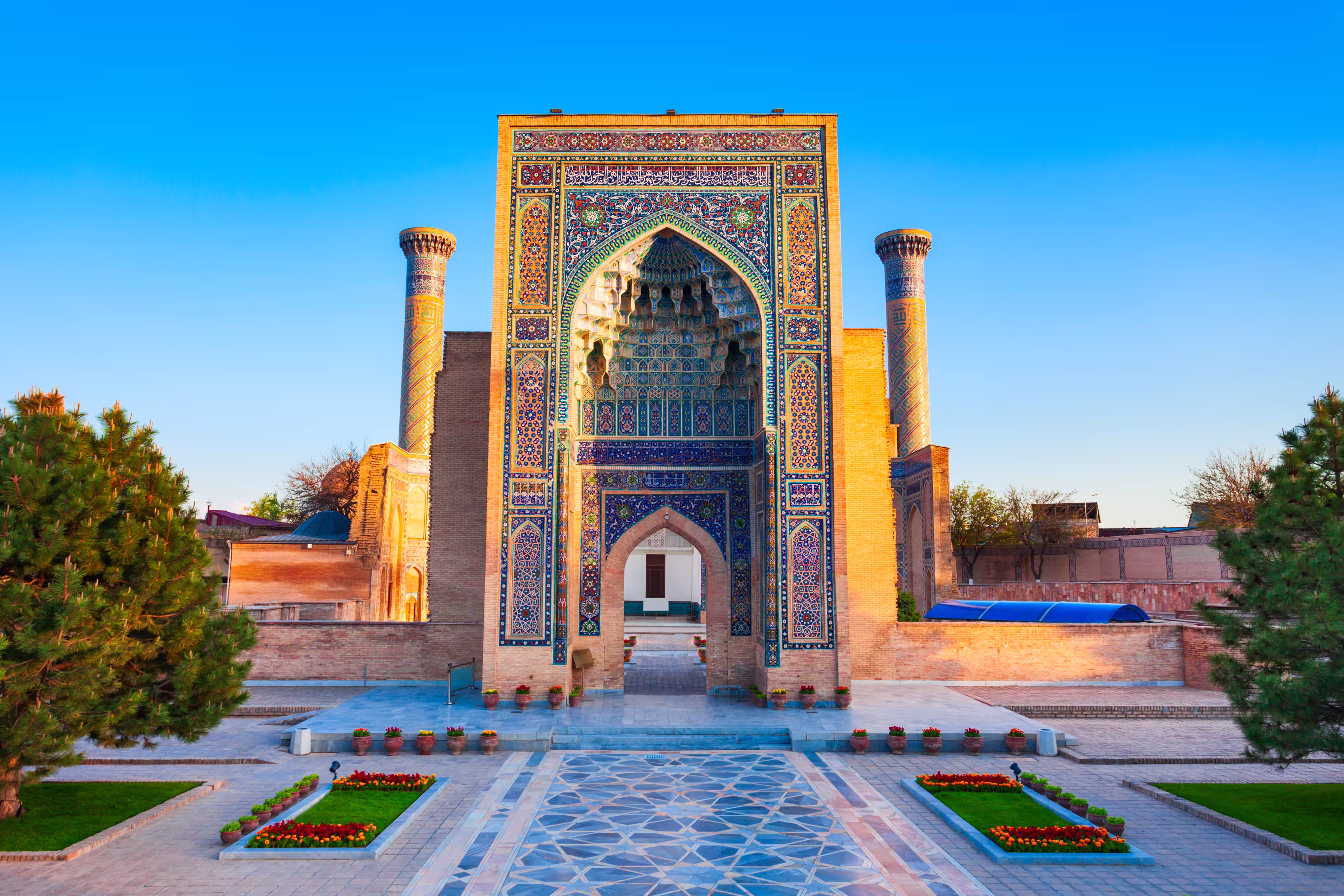 Guri Amir or Gur Emir is a mausoleum of the Mongol conqueror Amir Temur or Tamerlane in Samarkand, Uzbekistan at sunset