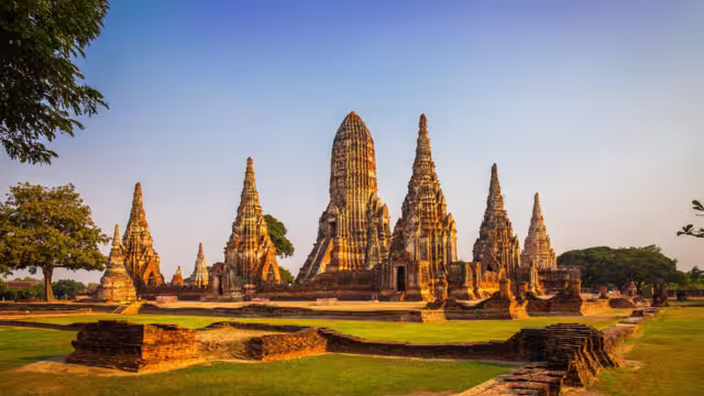 Wat Chaiwatthanaram temple at sunset in a historical park in Ayutthaya, Thailand is popular destination and landmark for tourists.
