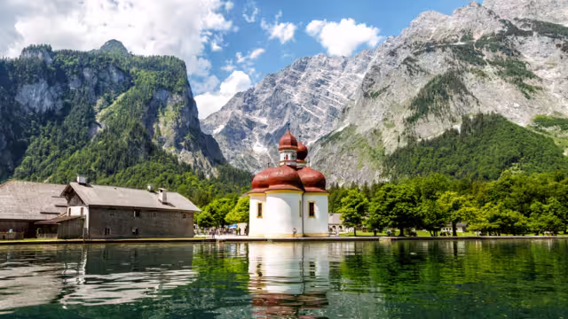 Koenigssee, Church of St. Bartholomew, view from the lake