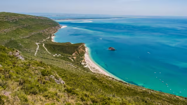 Panorama viewpoint at Serra da Arrábida Nature Reserve with Tróia on the horizon, Setúbal PORTUGAL