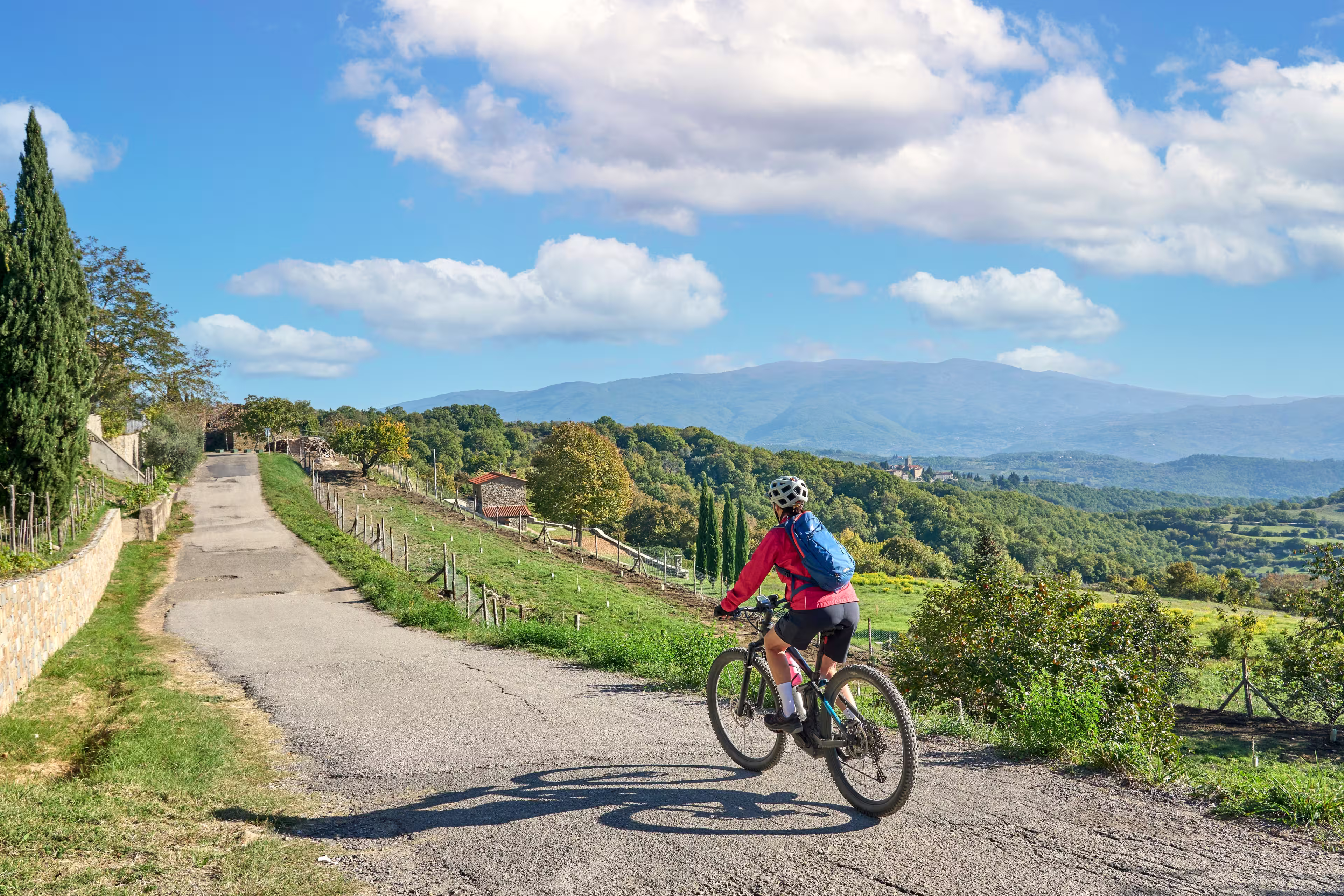nice senior woman riding her electric mountain bike between olive trees near Arezzo,Tuscany , Italy