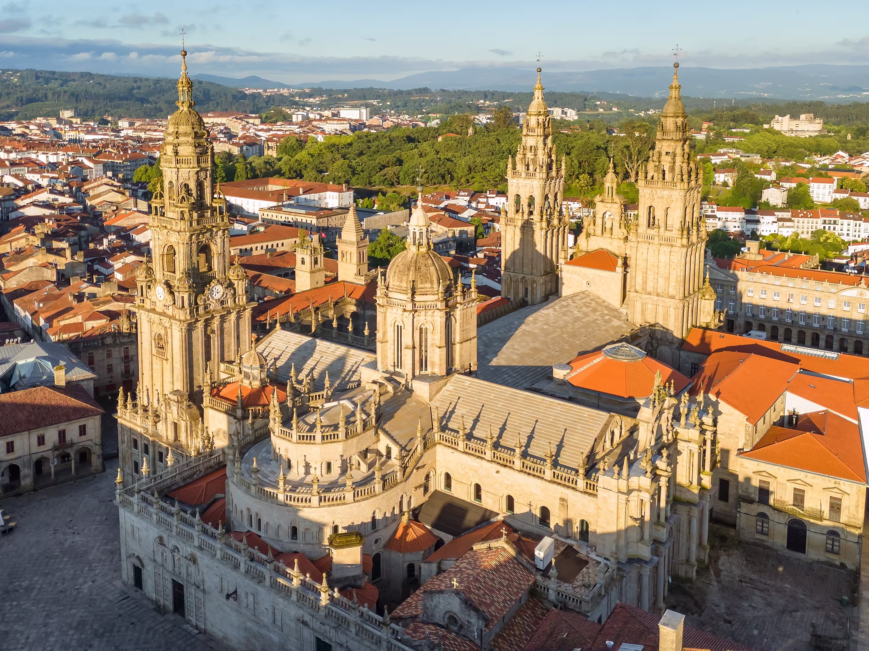 Aerial view of the Cathedral of Santiago de Compostela at sunrise in Galicia, Northern Spain. Renowned Christian pilgrimage site and final destination of the historic Camino de Santiago route.
