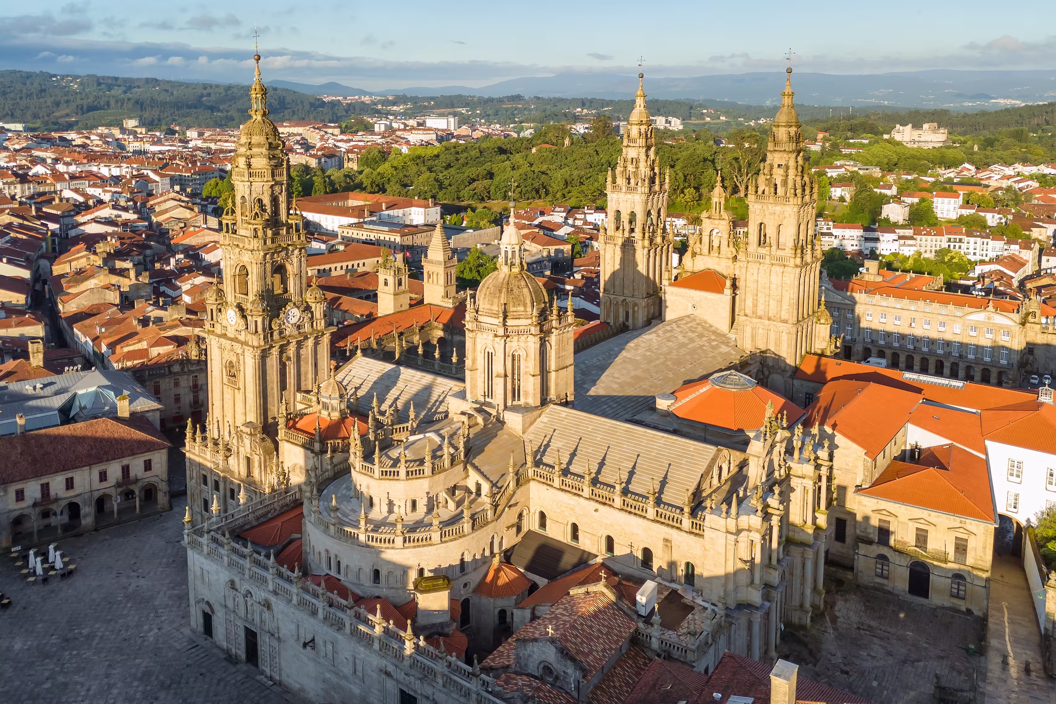Aerial view of the Cathedral of Santiago de Compostela at sunrise in Galicia, Northern Spain. Renowned Christian pilgrimage site and final destination of the historic Camino de Santiago route.