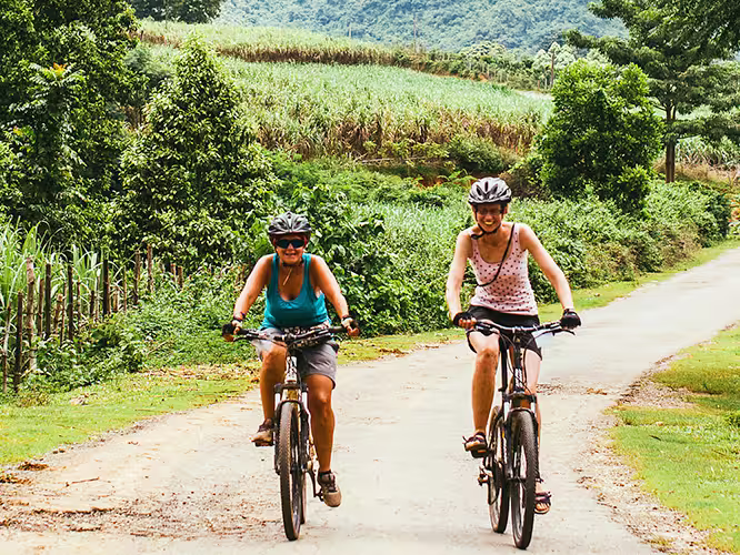 Travellers cycling through the lush vietnamese countryside on an Intrepid Trip.