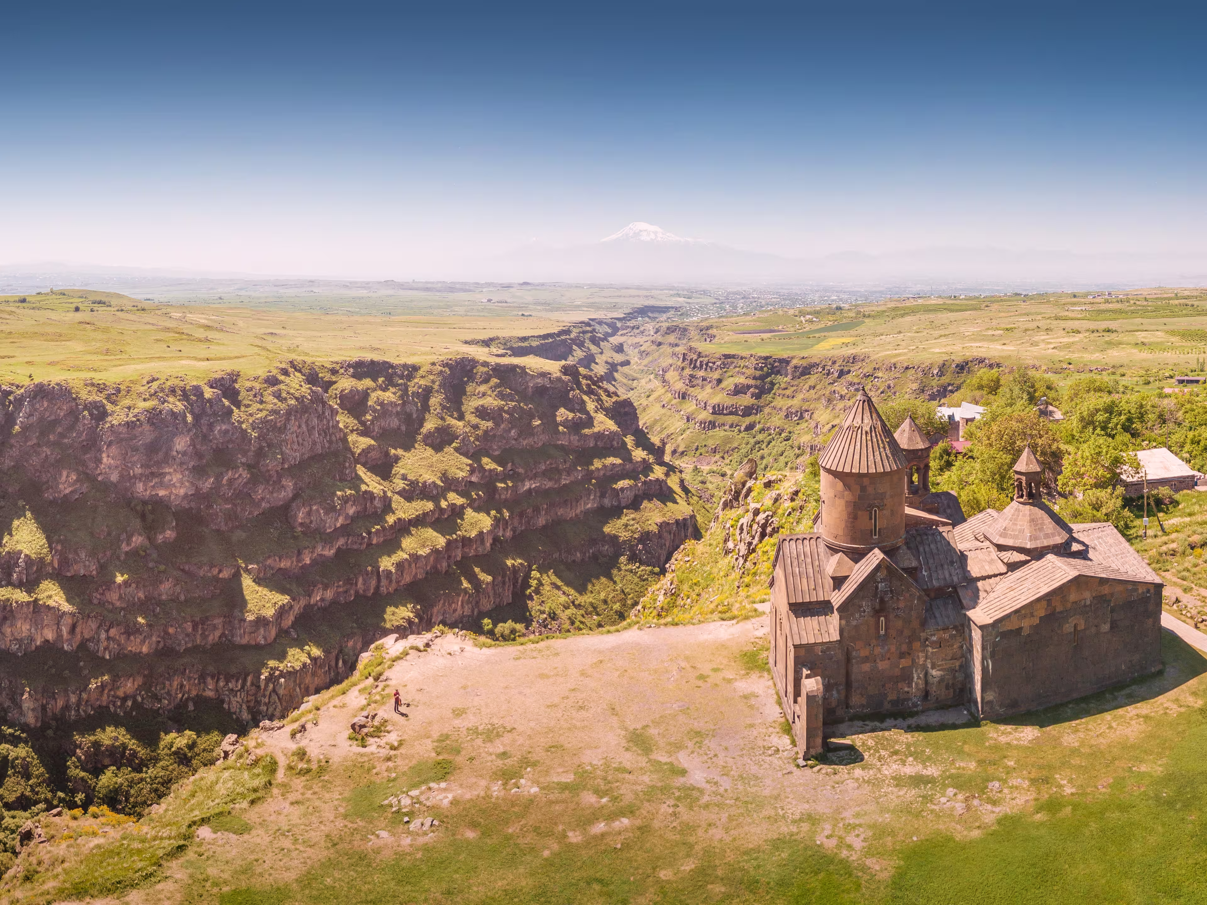 Aerial view of Saghmosavank church or Monastery of Psalms is a popular tourist sightseeing destination in Armenia. It is located on edge of Kasakh river gorge