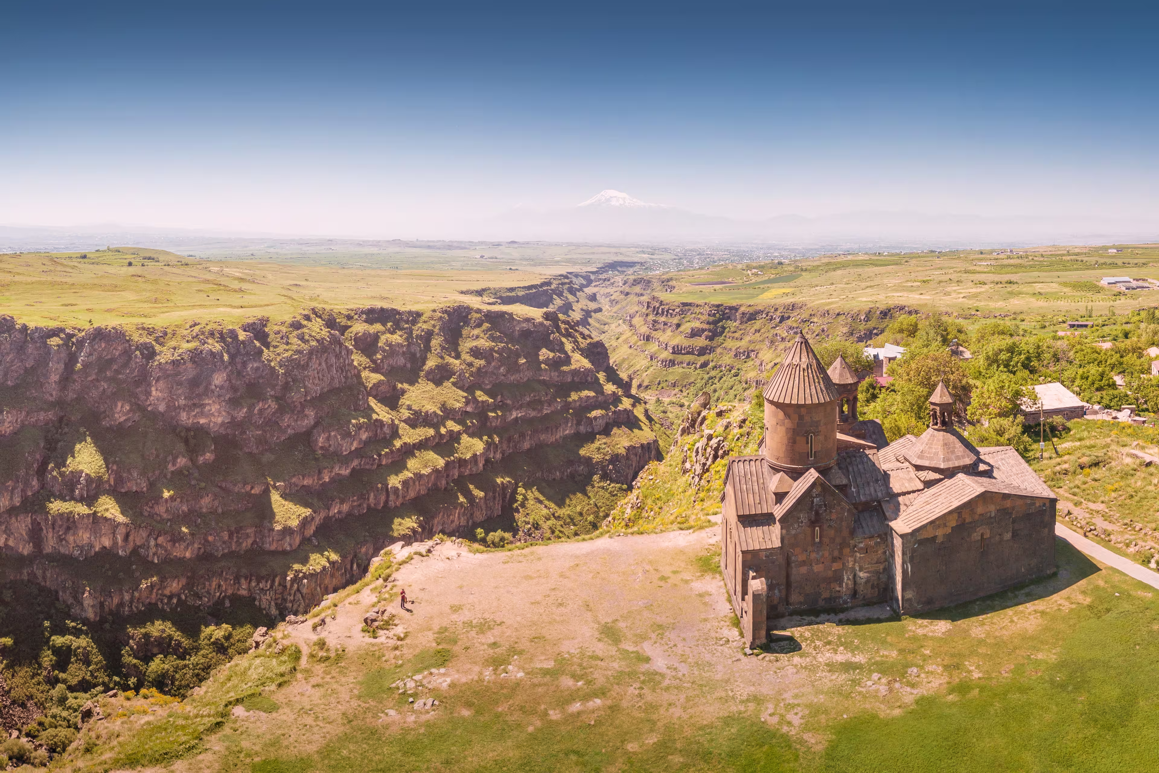 Aerial view of Saghmosavank church or Monastery of Psalms is a popular tourist sightseeing destination in Armenia. It is located on edge of Kasakh river gorge