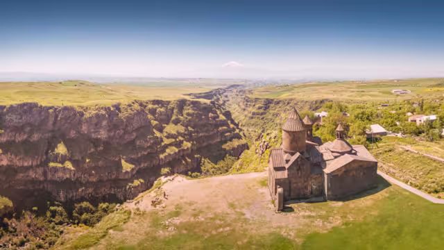 Aerial view of Saghmosavank church or Monastery of Psalms is a popular tourist sightseeing destination in Armenia. It is located on edge of Kasakh river gorge