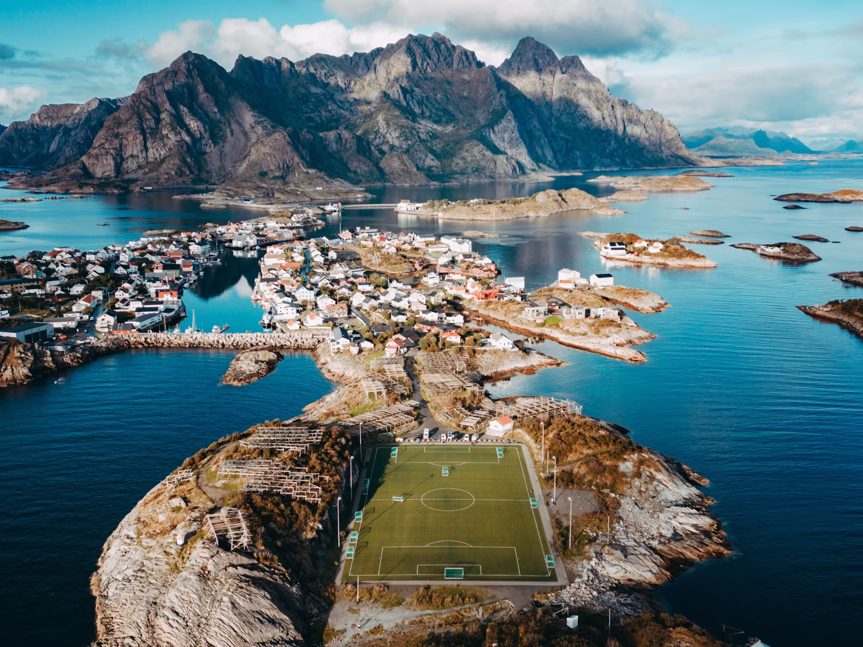 Aerial view of Henningsvær Football Soccer Stadium