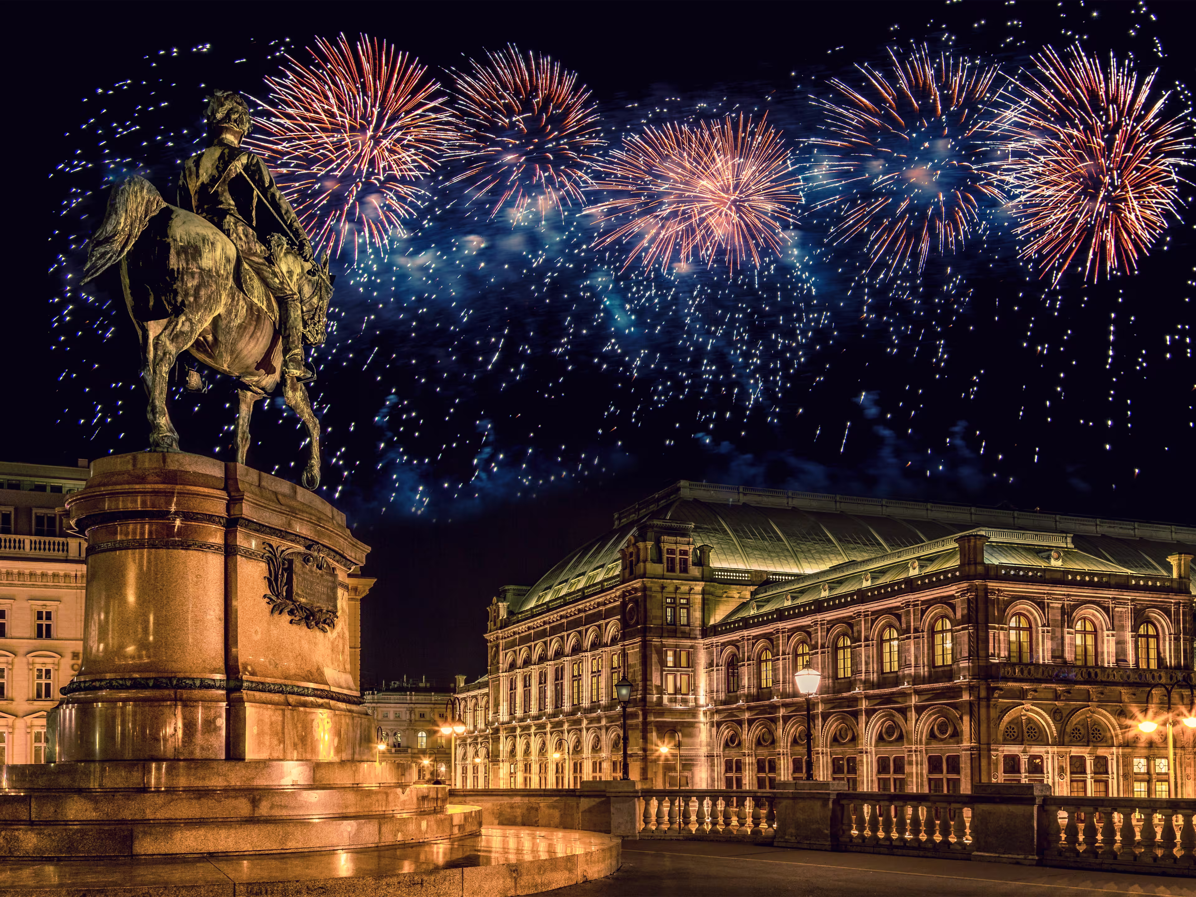 Vienna (Austria) with fireworks during New Year celebration