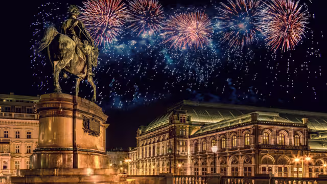 Vienna (Austria) with fireworks during New Year celebration