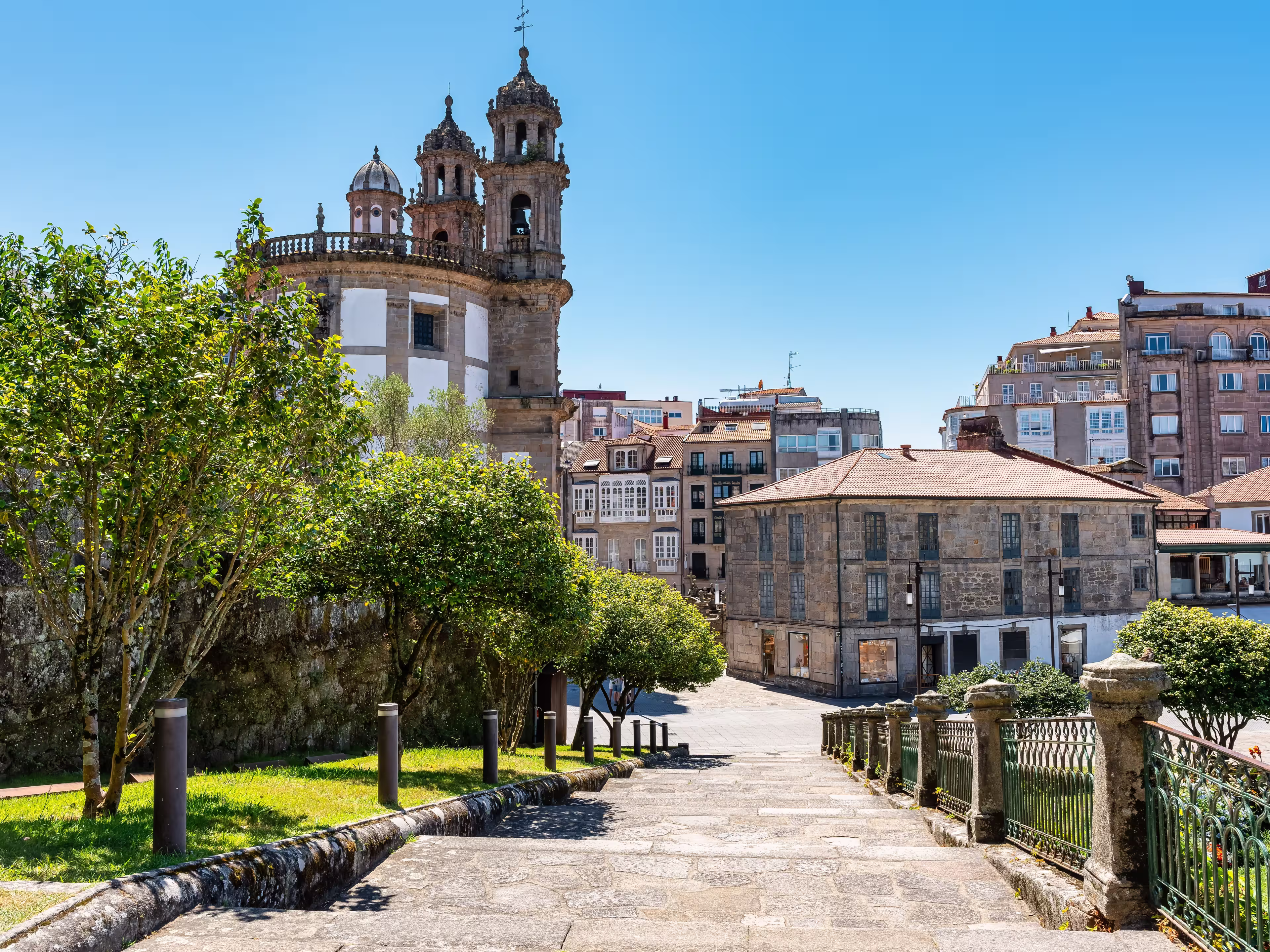Monumental complex of the city of Pontevedra with old houses, churches and parks with flowers, Galicia.