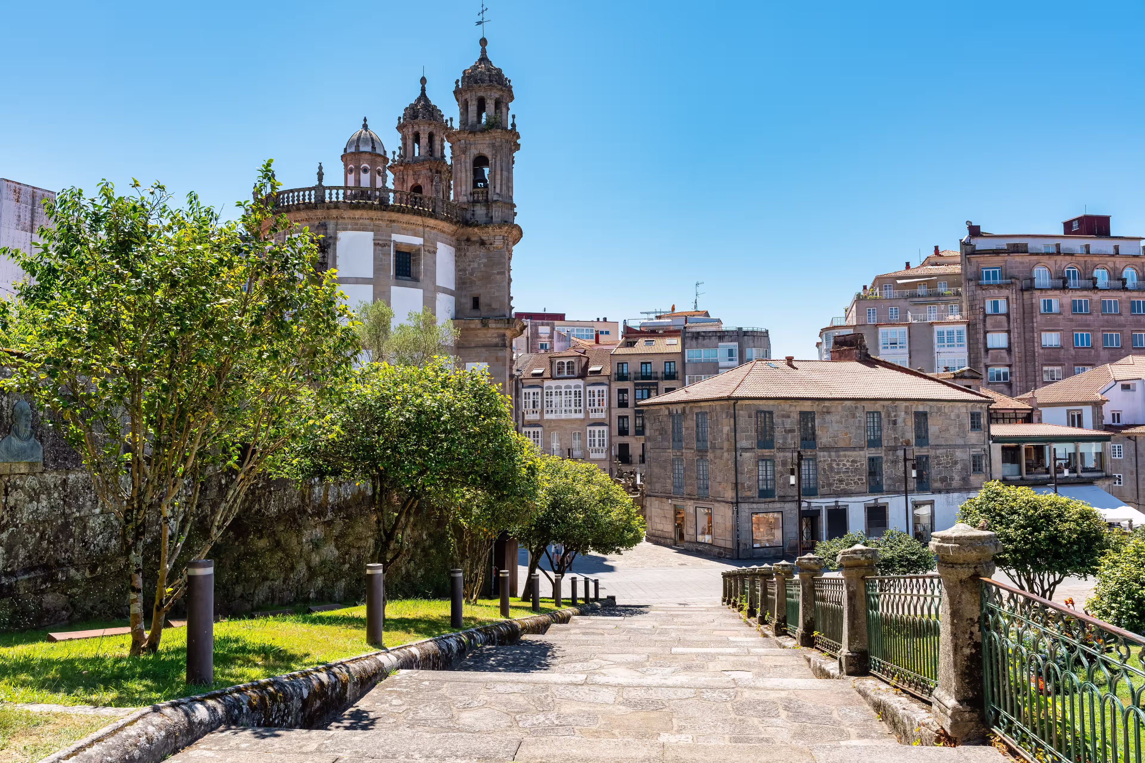 Monumental complex of the city of Pontevedra with old houses, churches and parks with flowers, Galicia.