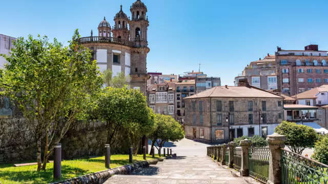 Monumental complex of the city of Pontevedra with old houses, churches and parks with flowers, Galicia.