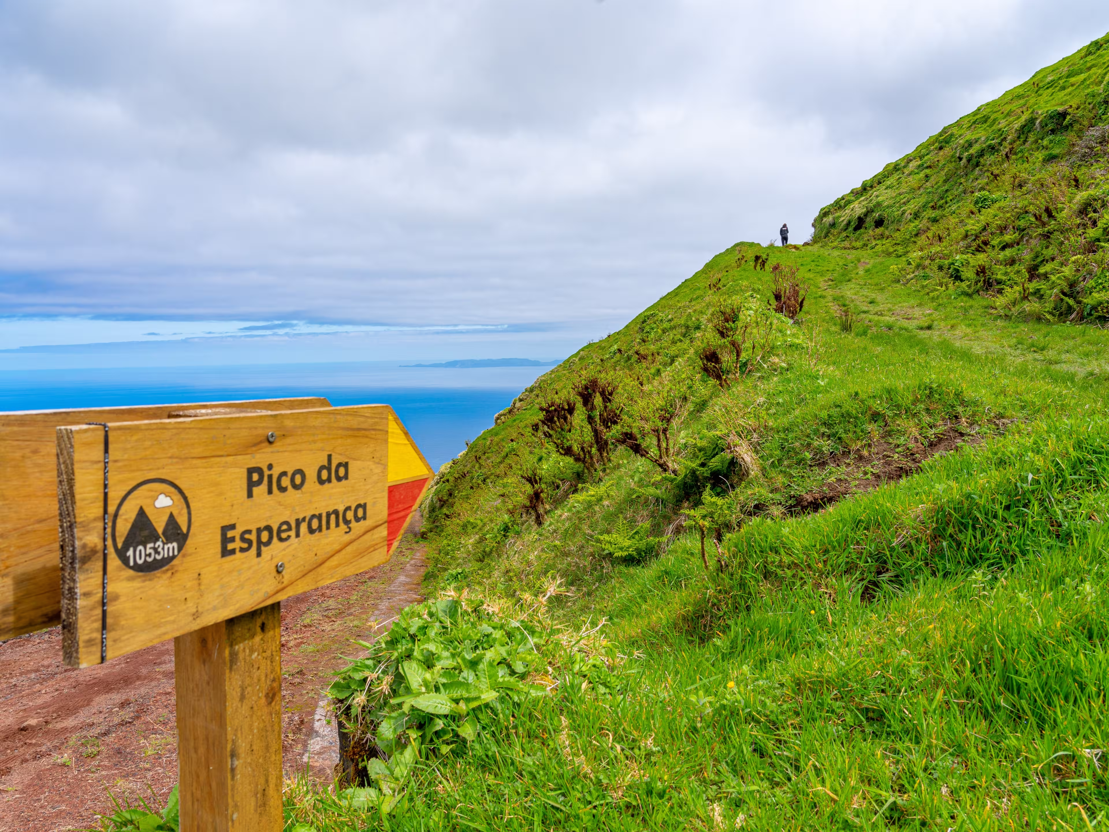 wooden arrow sign indicating direction along the trail to Pico da Esperança. São Jorge Island-Azores-Portugal. wooden arrow sign indicating direction along the trail to Pico da Esperança, the highest