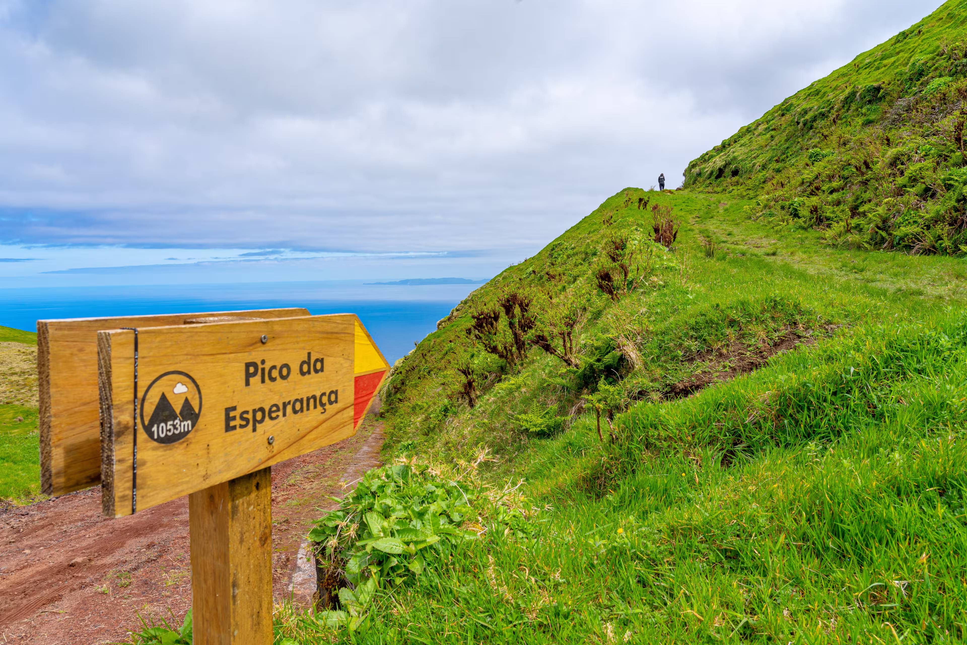 wooden arrow sign indicating direction along the trail to Pico da Esperança. São Jorge Island-Azores-Portugal. wooden arrow sign indicating direction along the trail to Pico da Esperança, the highest