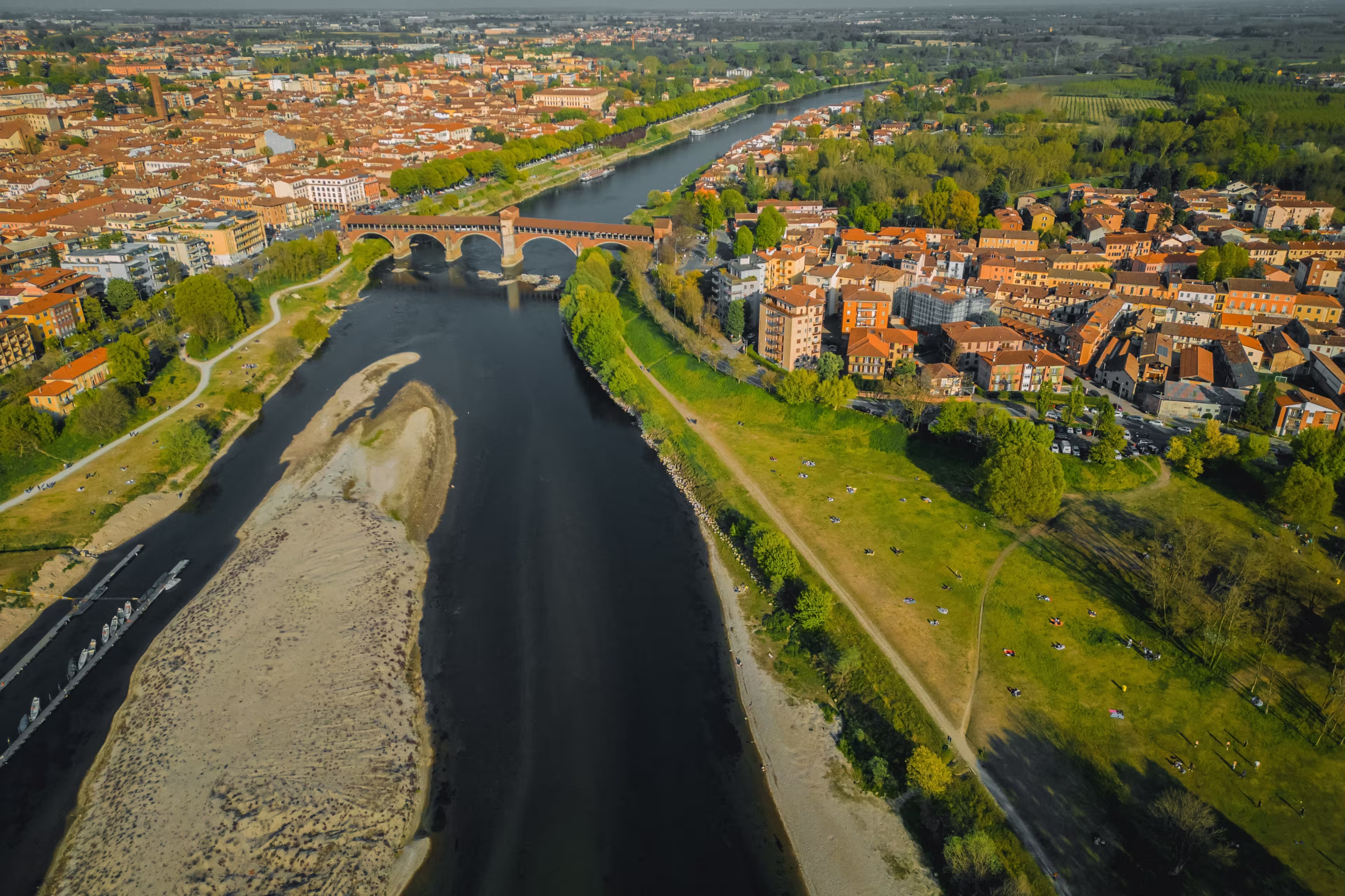 Aerial View River Ticina Pavia, Italy, Lombardy. Ponte Coperto Pavia. Drone view