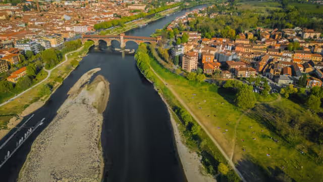 Aerial View River Ticina Pavia, Italy, Lombardy. Ponte Coperto Pavia. Drone view