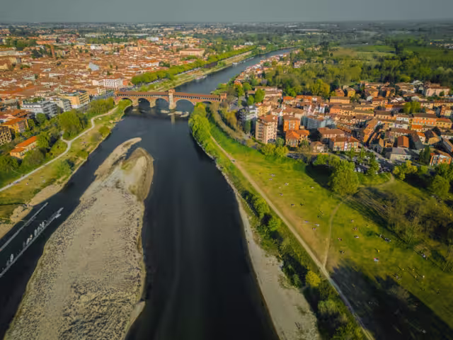 Aerial View River Ticina Pavia, Italy, Lombardy. Ponte Coperto Pavia. Drone view