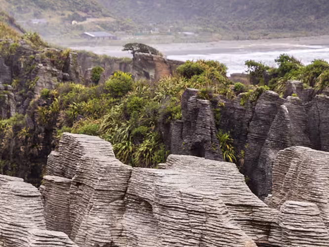 Couple admiring Punakaiki Pancake Rocks from viewpoint, South Island, New Zealand