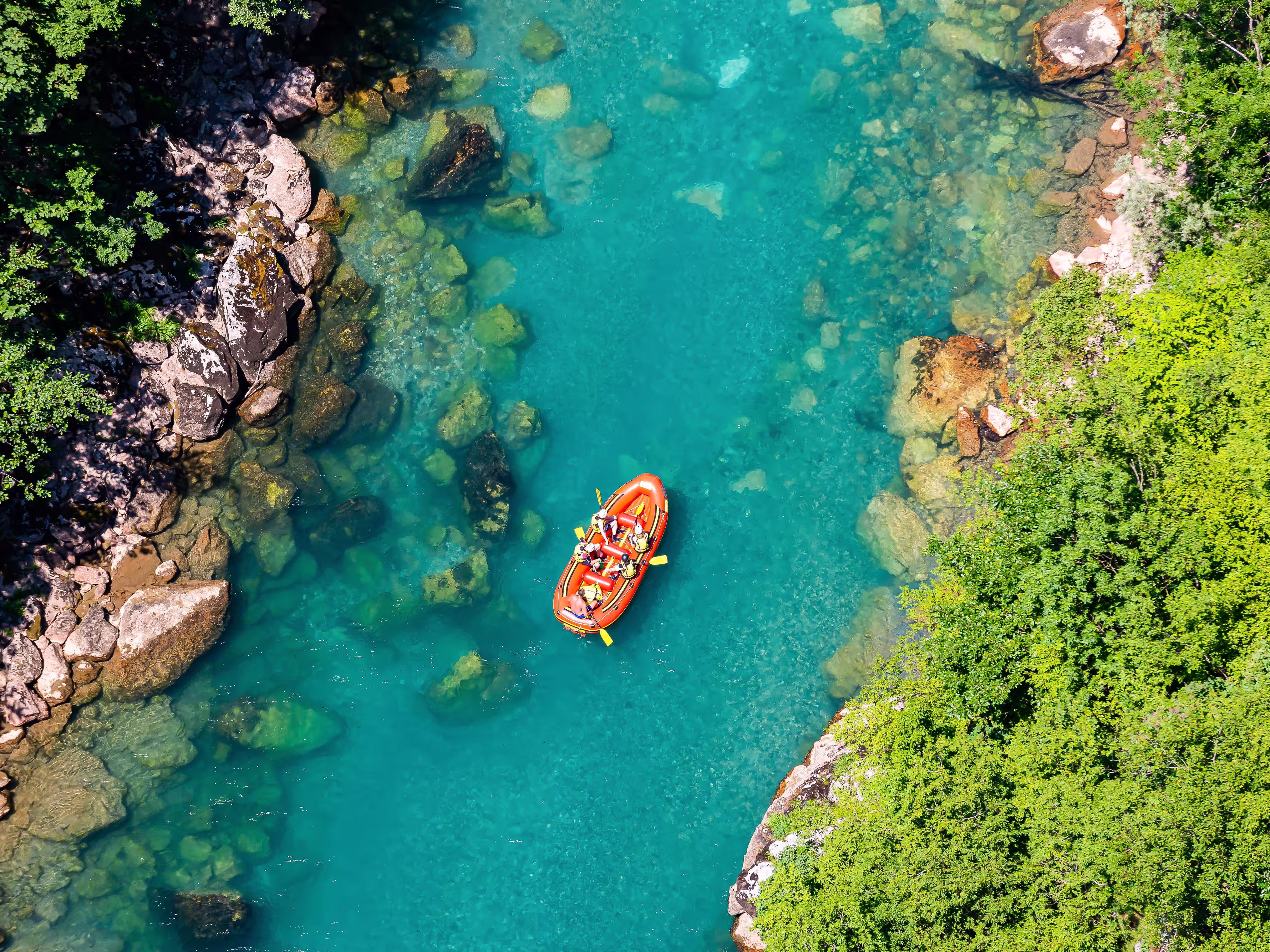 Aerial view of rafting on river Tara in National Park Durmitor, Montenegro, Europe