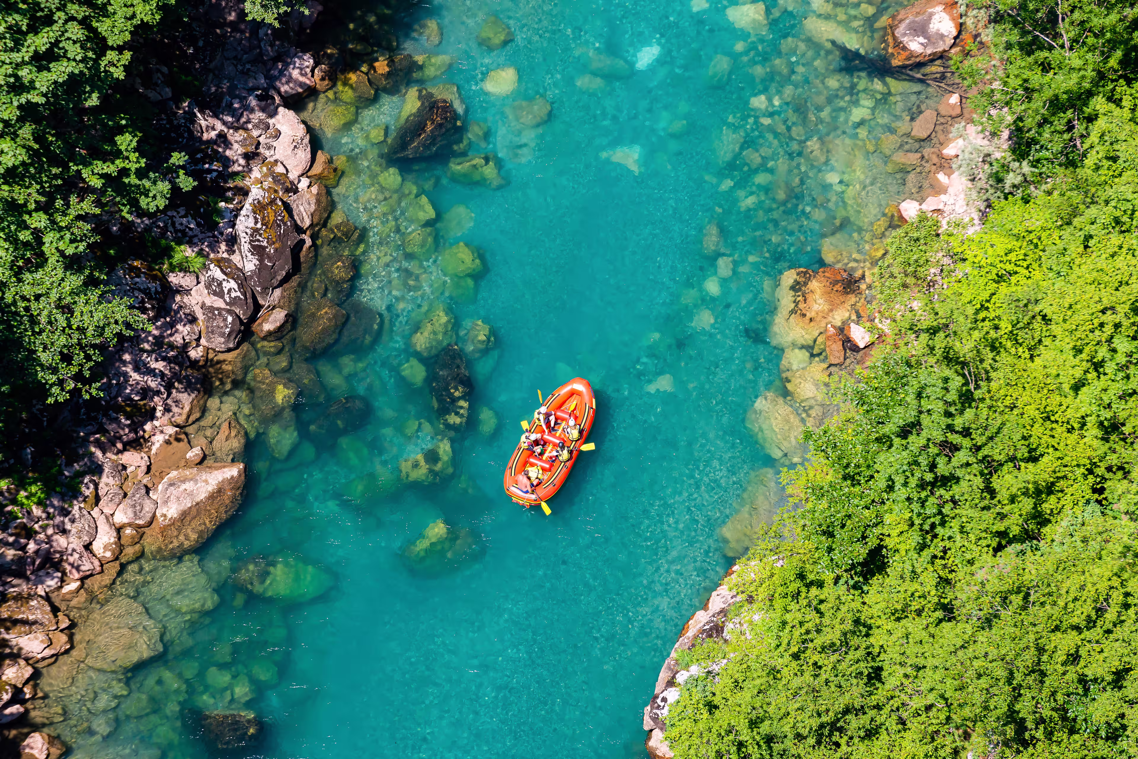 Aerial view of rafting on river Tara in National Park Durmitor, Montenegro, Europe