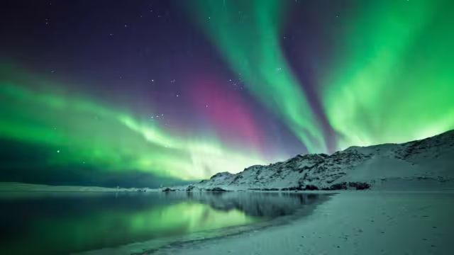 Aurora Borealis undulates over Kleifarvatn, Reykjanes Penninsula