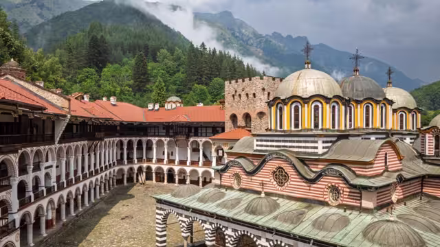 Rila Monastery and the Rila Mountains in the background, Bulgaria