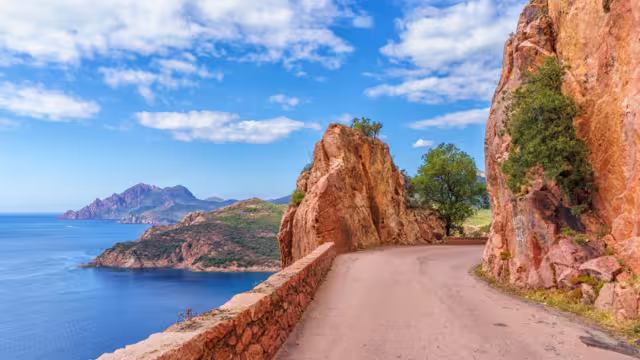 Landscape with mountain road in Calanques de Piana, Corsica island, France