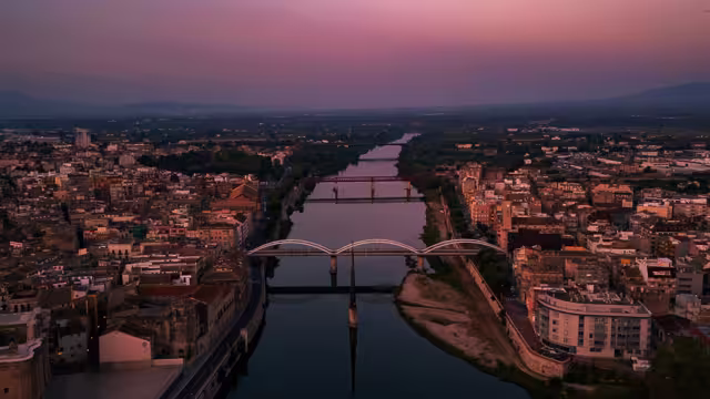 Tortosa, Catalonia, Spain - 7th June 2025: An aerial view at sunrise over Tortosa, Catalonia, Spain