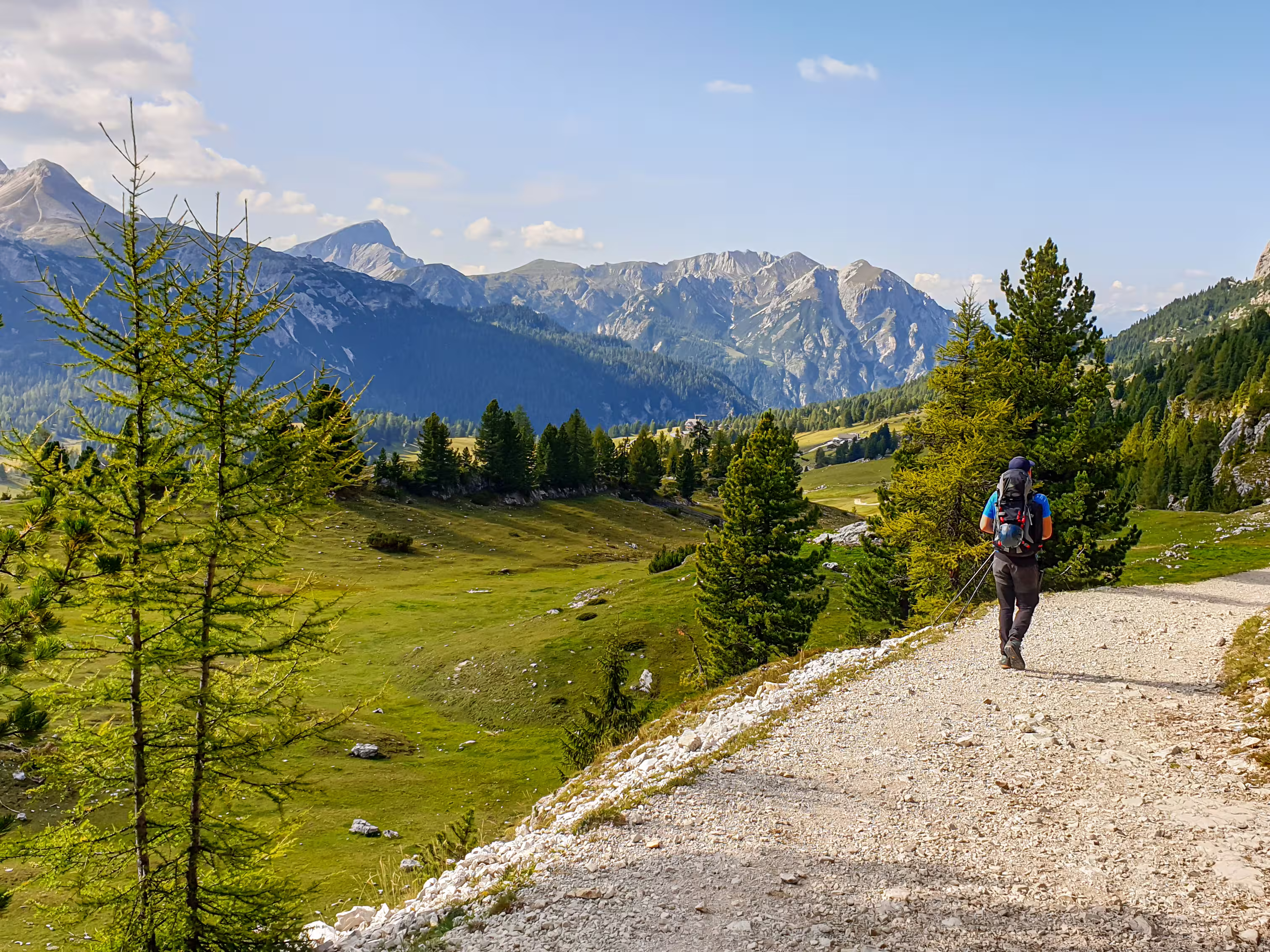 A man hiking along a wide gravelled road in Italian Dolomites from the top of Strudelkopf. A panoramic view on the high mountains. Sunny day. A few clouds above the high peaks. Lush green plateau