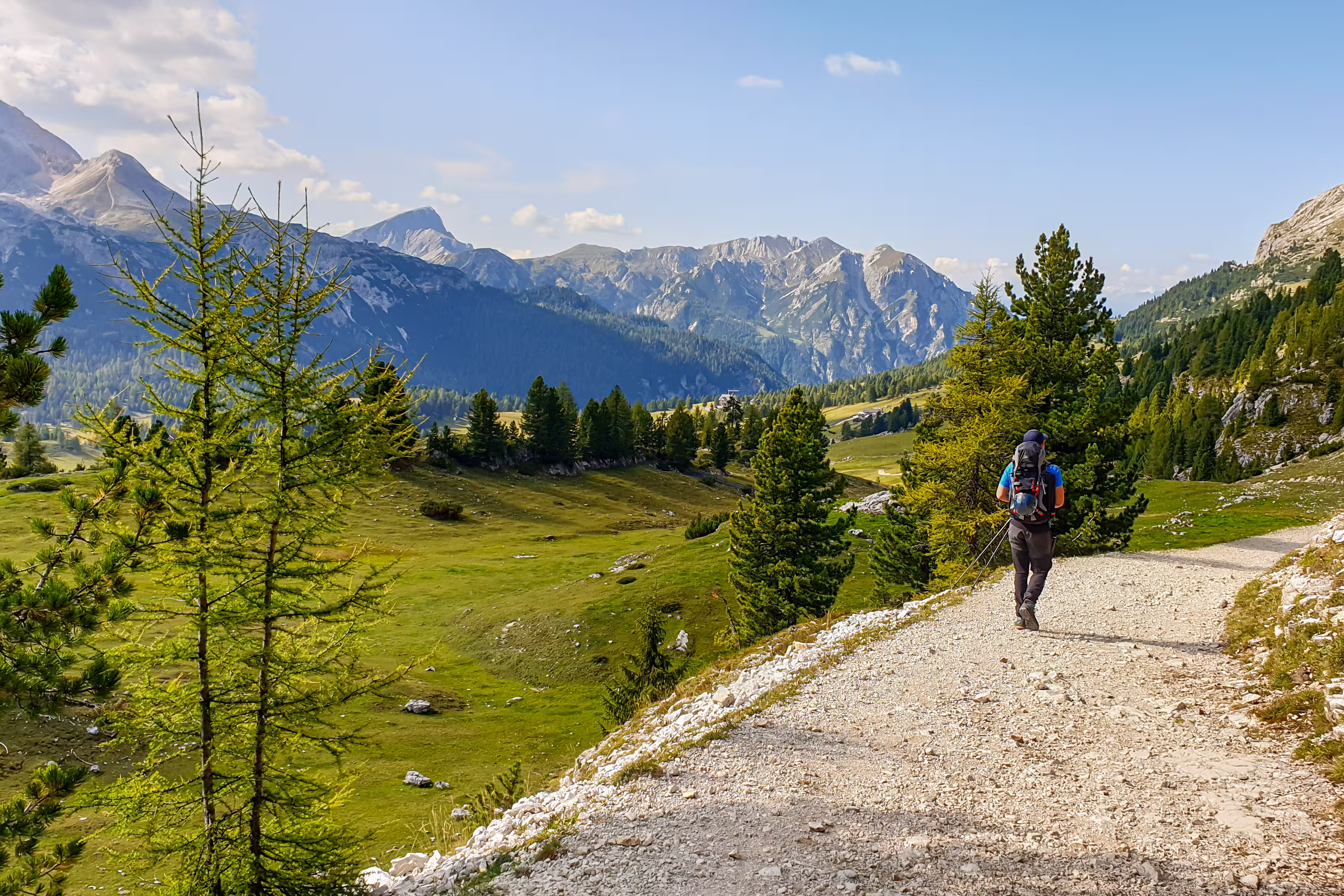 A man hiking along a wide gravelled road in Italian Dolomites from the top of Strudelkopf. A panoramic view on the high mountains. Sunny day. A few clouds above the high peaks. Lush green plateau