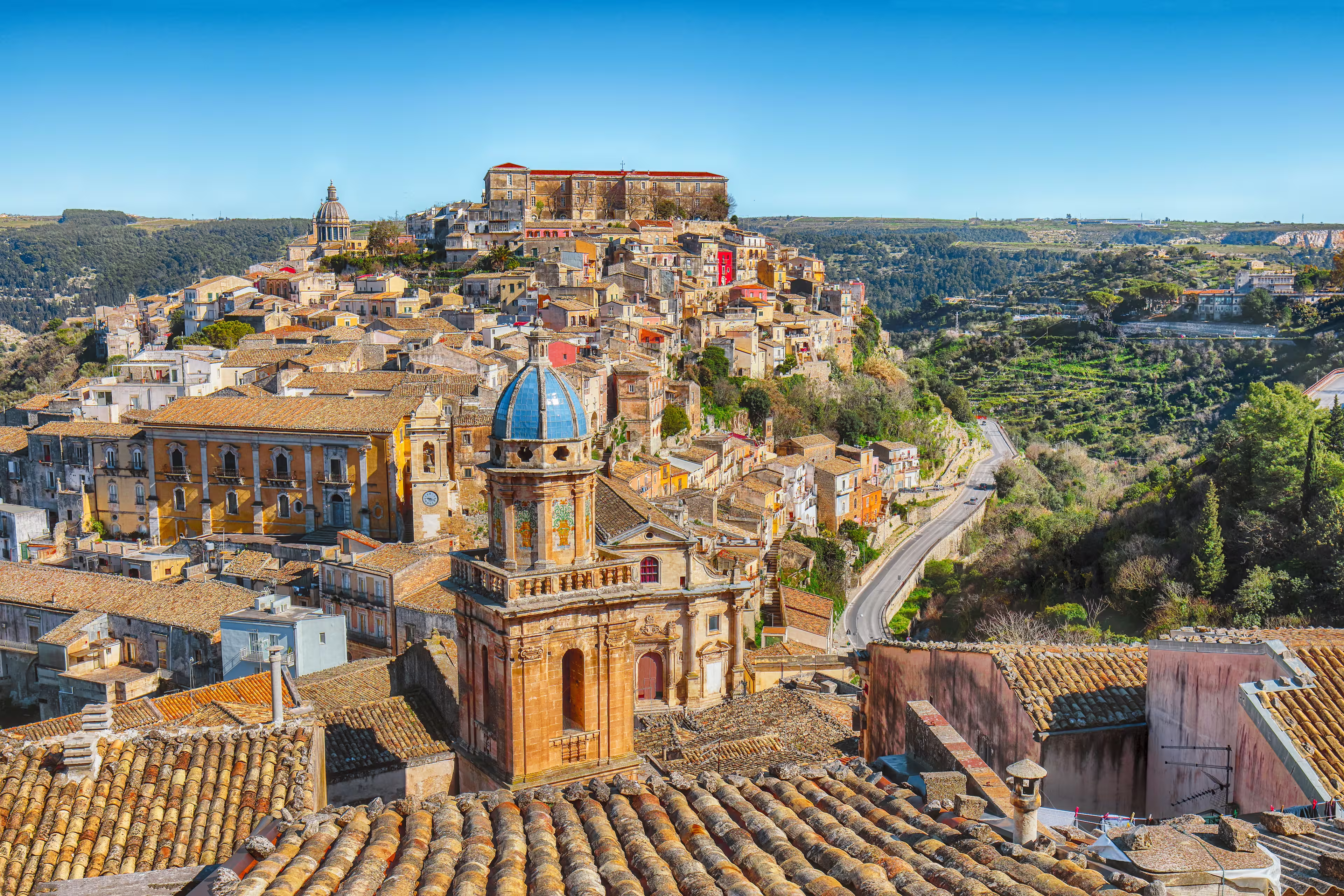 Sunrise  at the old baroque town of Ragusa Ibla in Sicily. Historic center called Ibla builded in late Baroque Style. Ragusa, Sicily, Italy, Europe.