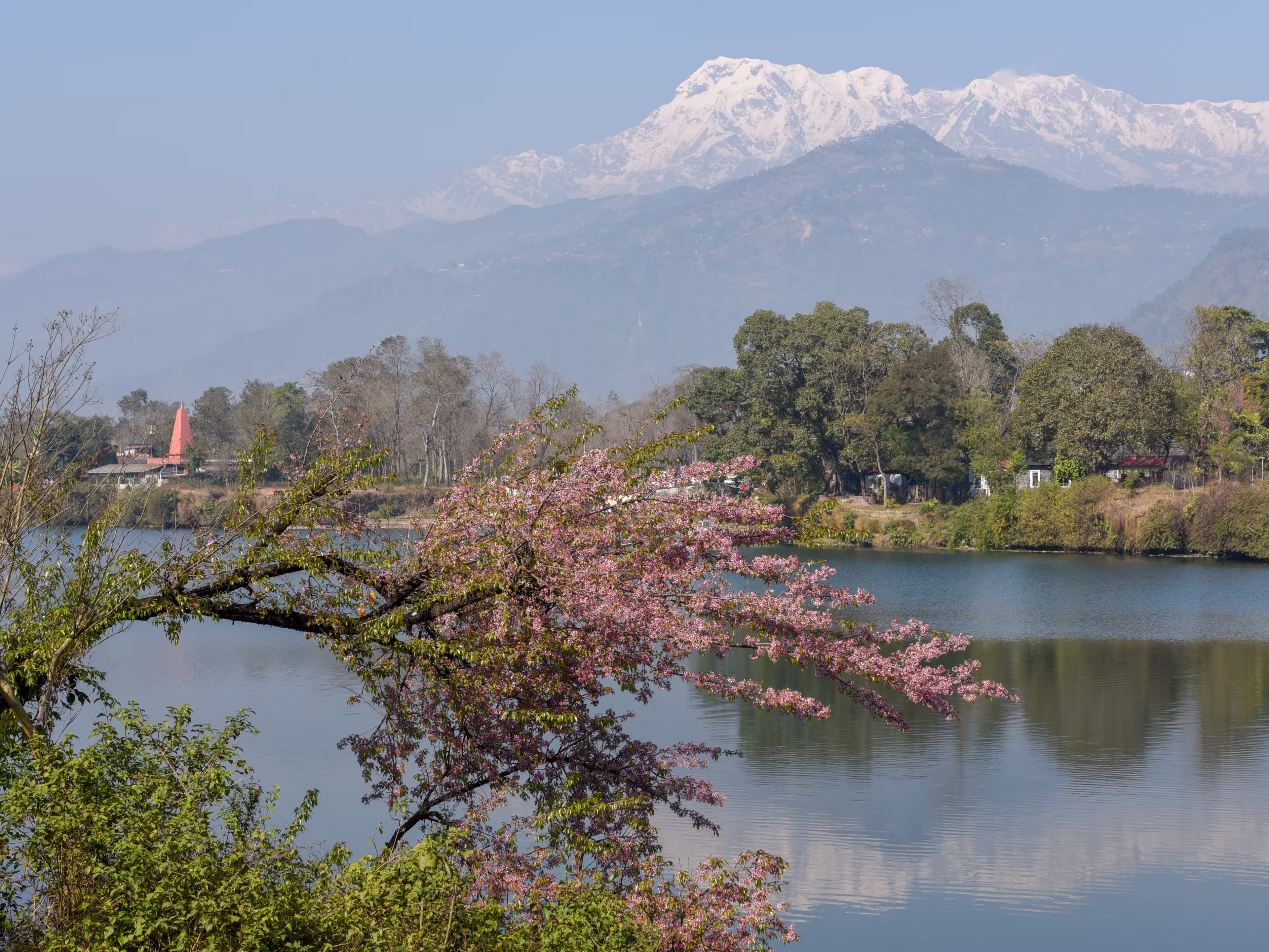 The Machapuchare and Annapurna range seen from Phewa lake in Pokhara on Nepal