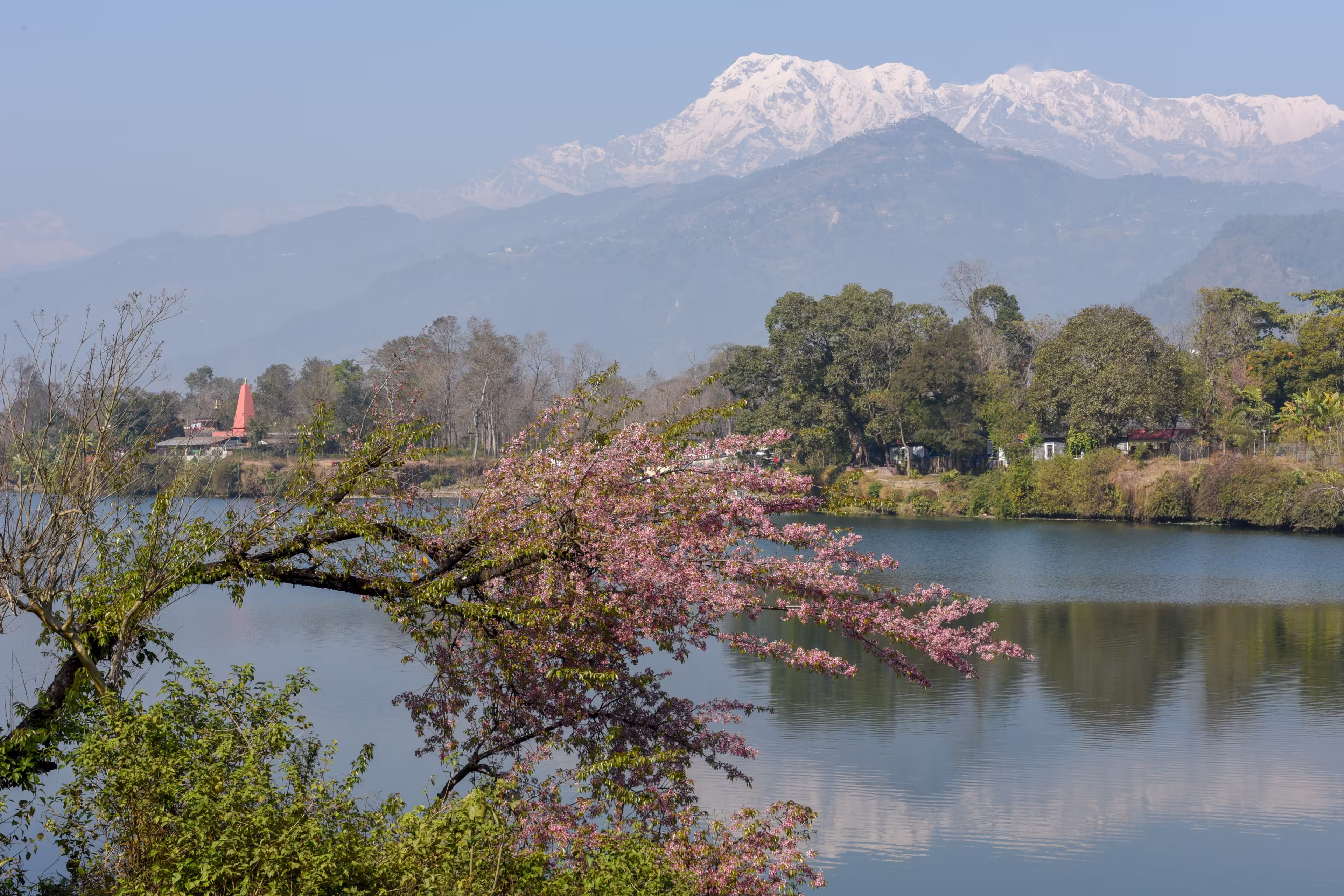 The Machapuchare and Annapurna range seen from Phewa lake in Pokhara on Nepal