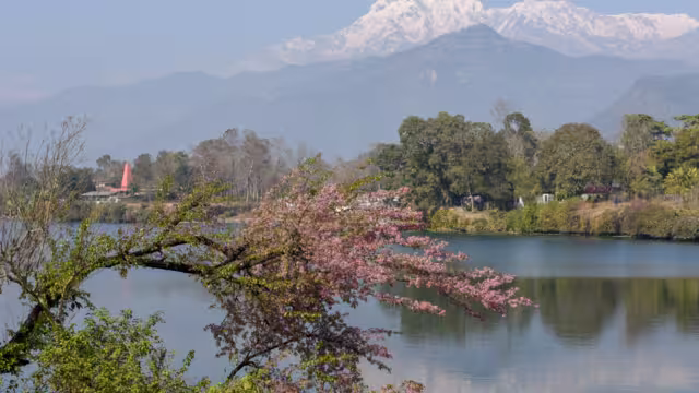 The Machapuchare and Annapurna range seen from Phewa lake in Pokhara on Nepal
