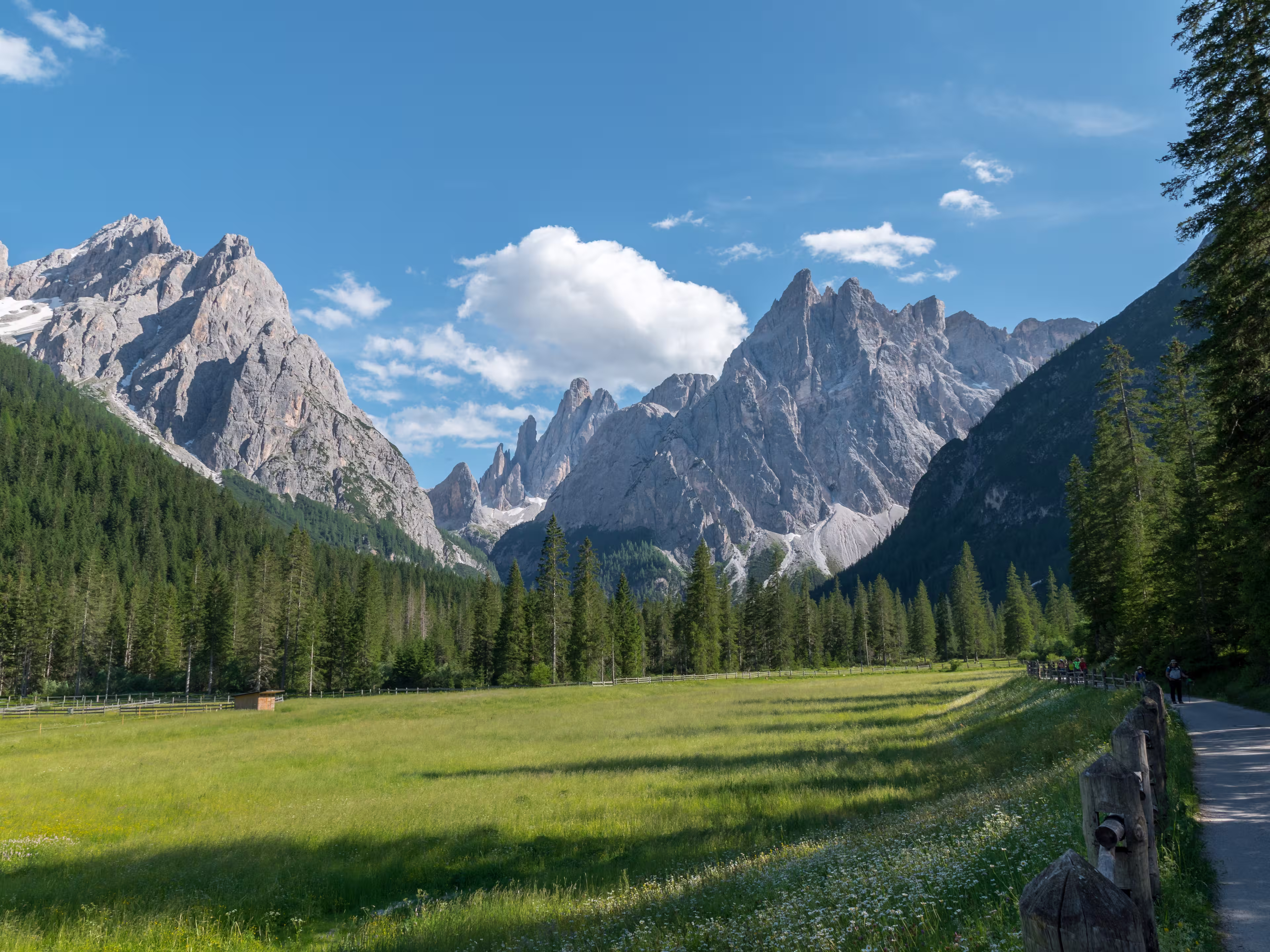View into the valley Val Fiscalina in Sesto with the beautiful rock formations of the UNESCO World Heritage of the Dolomites mountains.