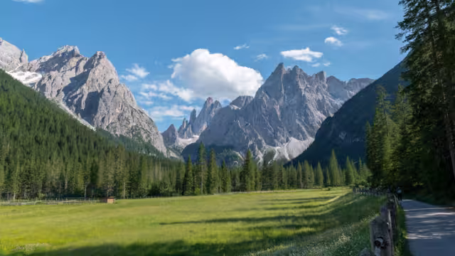 View into the valley Val Fiscalina in Sesto with the beautiful rock formations of the UNESCO World Heritage of the Dolomites mountains.