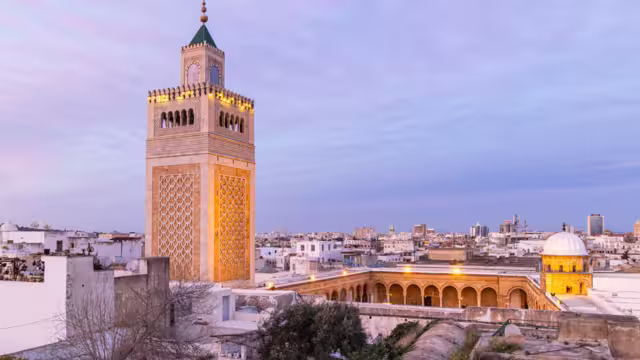 Medina, Tunis, Tunisia. The minaret of the Great Mosque in the Medina of Tunis.