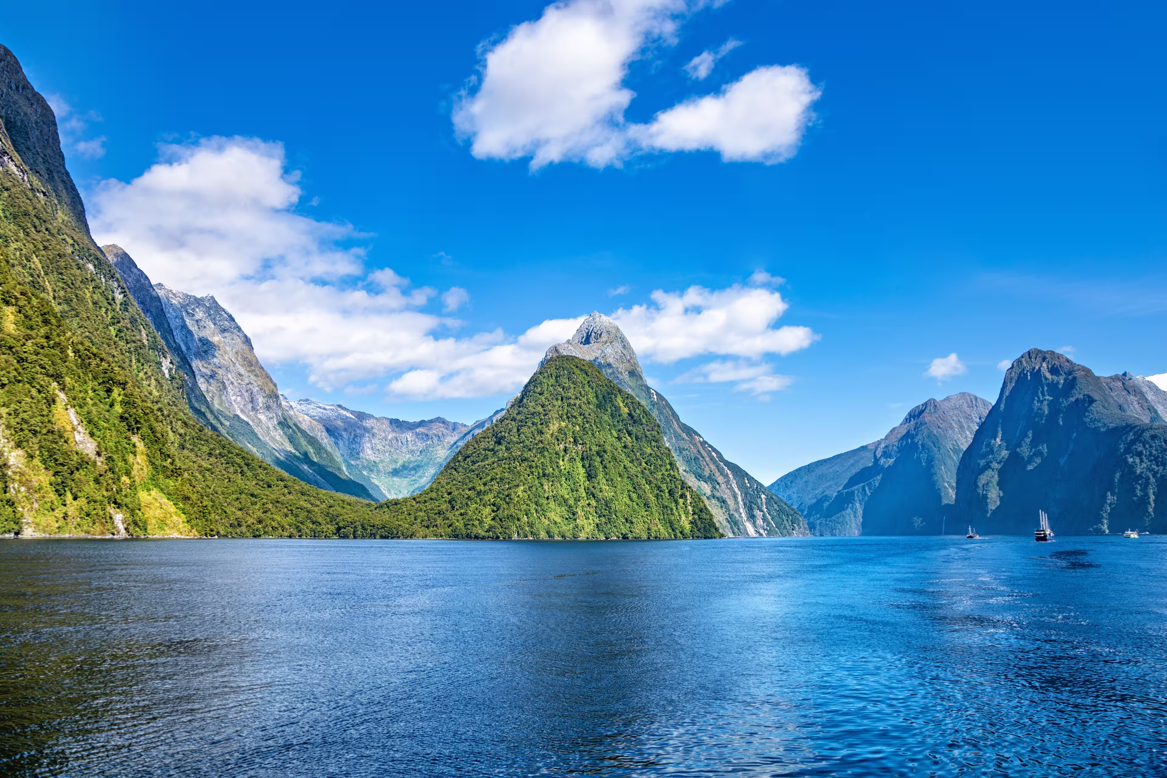 Milford Sound, National Park Fjordland, South Island, New Zealand, Oceania.
Panoramic view of the mountains in the National Park Fjordland, Milford Sound.